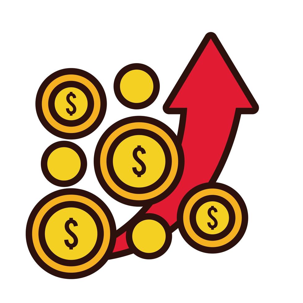 munten dollars met pijl omhoog lijn en vulstijl vector