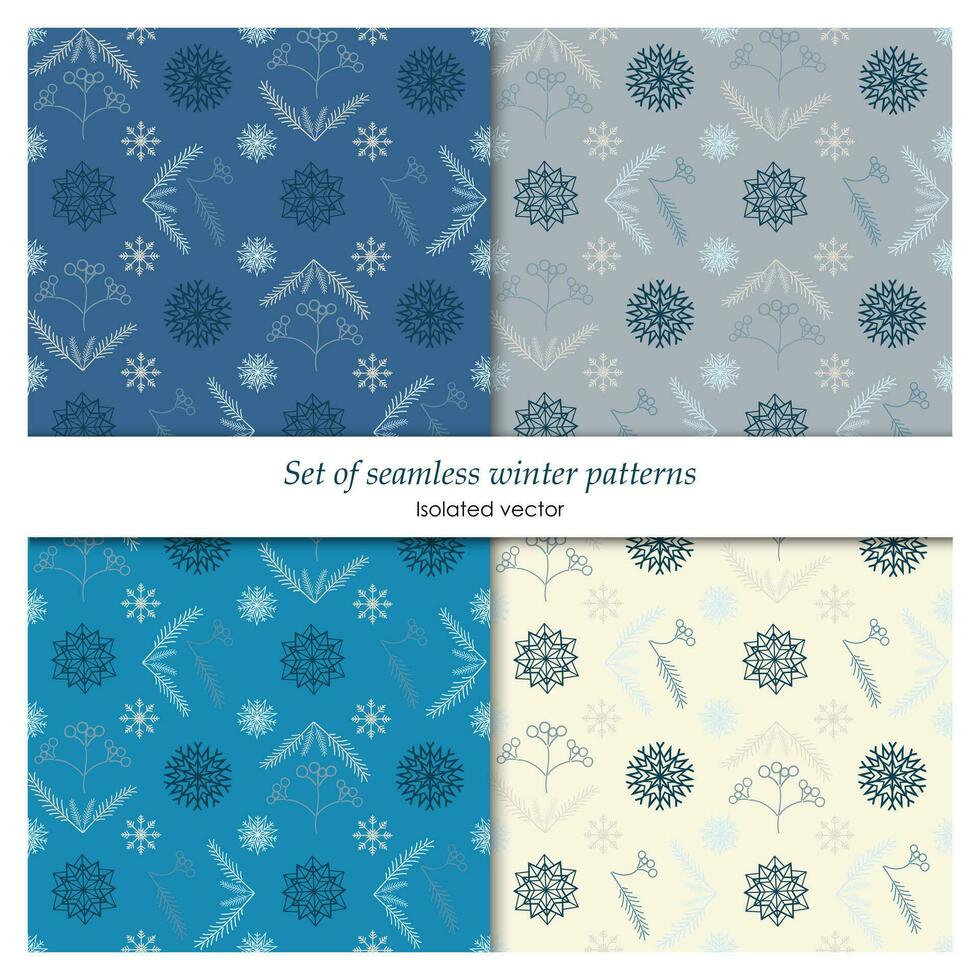reeks van naadloos patronen met Kerstmis elementen, sneeuwvlokken, Spar takken, bessen. lijn kunst. vector