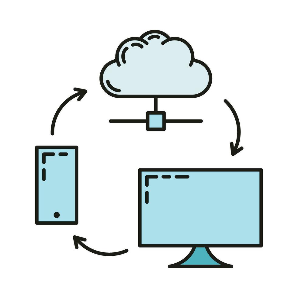 gegevens uitwisseling wolk icoon, beschermen afgelegen info opslag, databank computer technologie informatie schets vlak vector illustratie, geïsoleerd Aan wit.