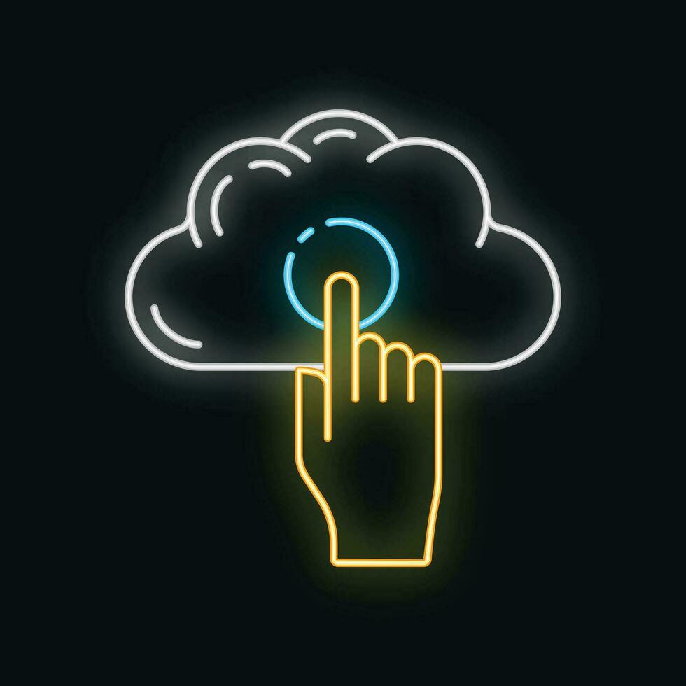 gegevens uitwisseling wolk icoon gloed neon stijl, afgelegen info opslag, databank computer informatie schets vlak vector illustratie, geïsoleerd Aan wit.