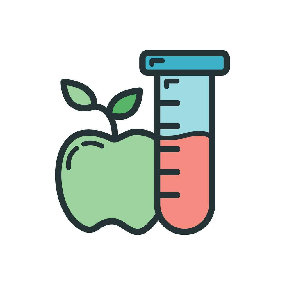 wetenschappelijk laboratorium fles met appel icoon, leerzaam instelling werkwijze, terug naar school- kleur lijn vlak vector illustratie, geïsoleerd Aan wit.