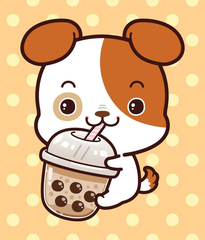 schattig weinig hond gelukkig drinken boba melk thee vector