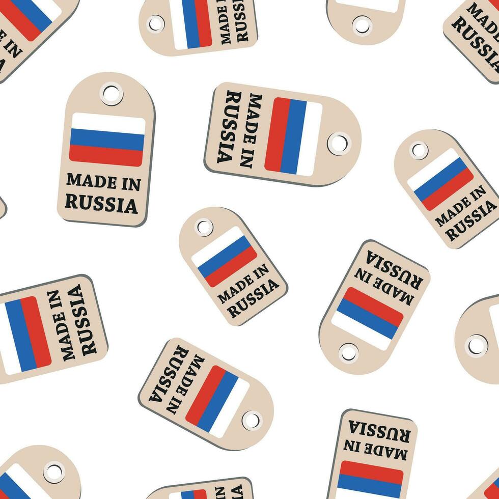 hangen label gemaakt in Rusland met vlag naadloos patroon achtergrond. bedrijf vlak vector illustratie. vervaardigd in Rusland symbool patroon.