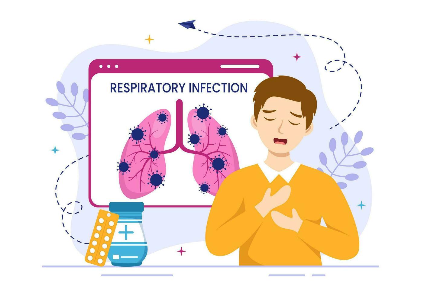 ademhalings infectie vector illustratie van ontsteking in de longen met virus cellen in gezondheidszorg achtergrond vlak tekenfilm hand- getrokken Sjablonen