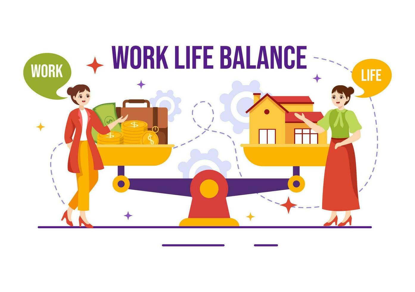 werk leven balans vector illustratie van persoon balanceren met baan en familie of vrije tijd activiteiten in multitasking vlak tekenfilm hand- getrokken Sjablonen