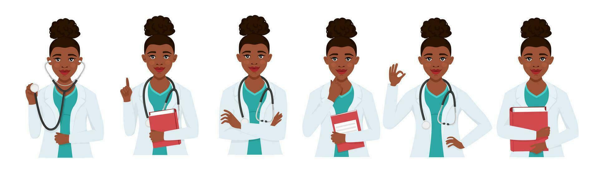 reeks zwart artsen karakter vrouw met stethoscoop. medisch personeel, dokter, therapeut, professioneel ziekenhuis personeel. vector illustratie.