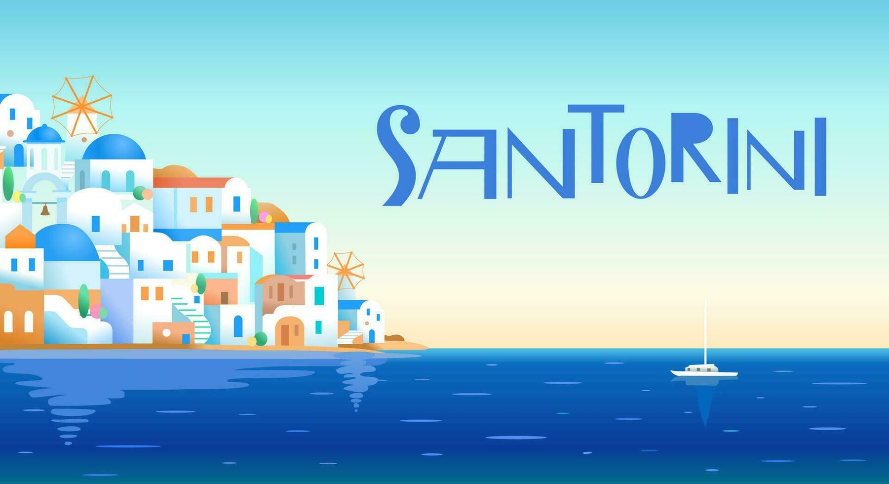 Santorini eiland, Griekenland. mooi traditioneel wit architectuur en blauw koepelvormig Grieks orthodox kerken over- de caldera. toneel- reizen achtergrond. vector illustraties in breed formaat.