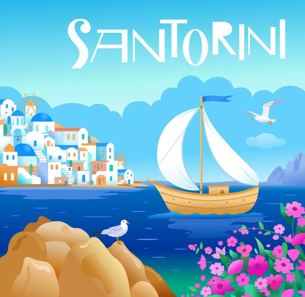 Santorini eiland, Griekenland. mooi traditioneel wit architectuur en blauw koepelvormig Grieks orthodox kerken over- de caldera. het zeilen boot Aan de zee. toneel- reizen achtergrond. vector illustraties