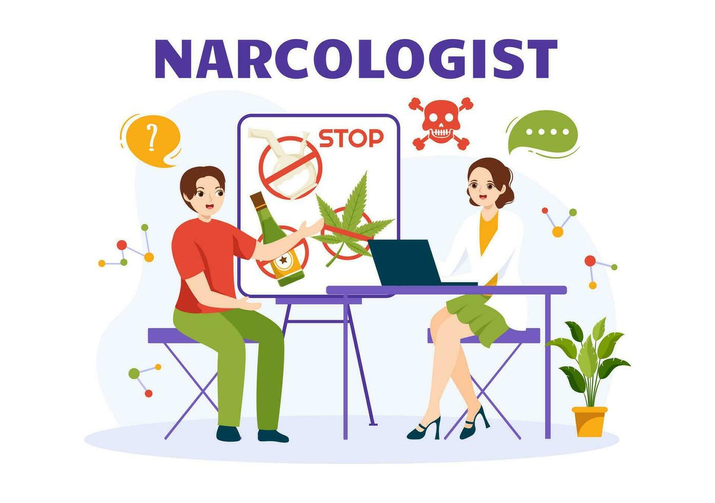 narcoloog vector illustratie voor drug verslaving bewustzijn, alcohol en tabak in gezondheidszorg vlak tekenfilm hand- getrokken achtergrond Sjablonen