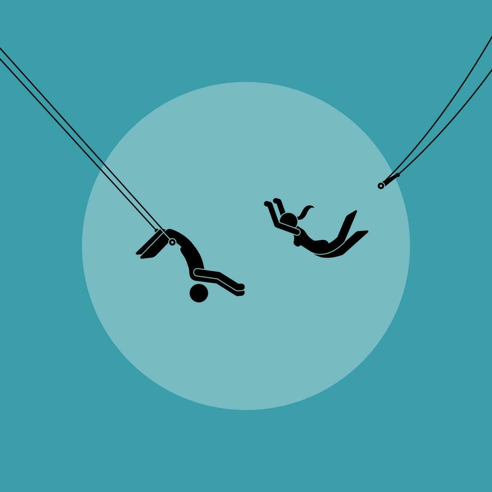 twee trapeze artiest het uitvoeren van in acrobatisch circus antenne stunten. vector illustratie beeldt af concept van vertrouwen, betrouwbaarheid, vertrouwen, geloof, toevertrouwen, inzet, en vertrouwen.