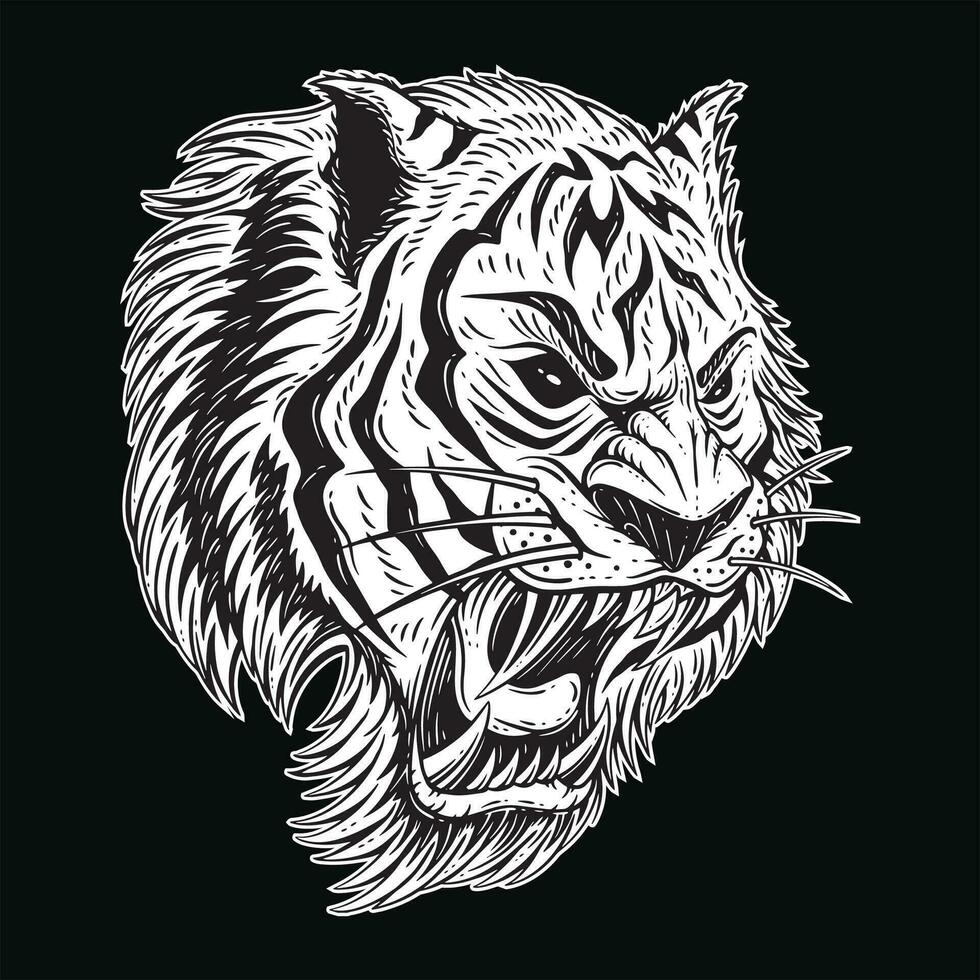 donker kunst tijger hoofd eng boos beest mascotte zwart en wit hand- getrokken illustratie vector