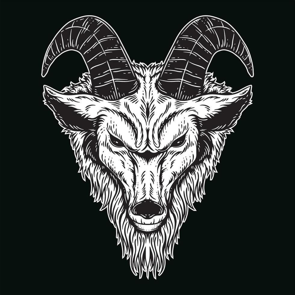 donker kunst geit hoofd hoorns schapen satanisch zwart wit voor tatoeëren en kleding illustratie vector