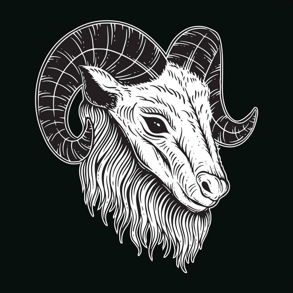 donker kunst geit hoofd hoorns schapen satanisch zwart wit voor tatoeëren en kleding illustratie vector