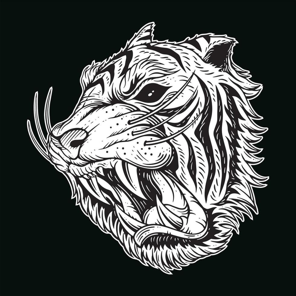 tijger hoofd boos beest brullen hoektanden voor tatoeëren kleding zwart en wit hand- getrokken illustratie vector