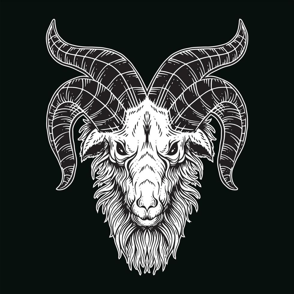 donker kunst geit hoofd hoorns schapen satanisch zwart wit voor tatoeëren en kleding illustratie vector