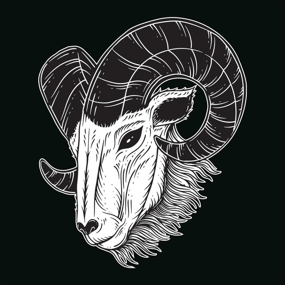 donker kunst geit hoofd hoorns schapen satanisch zwart wit voor tatoeëren en kleding illustratie vector