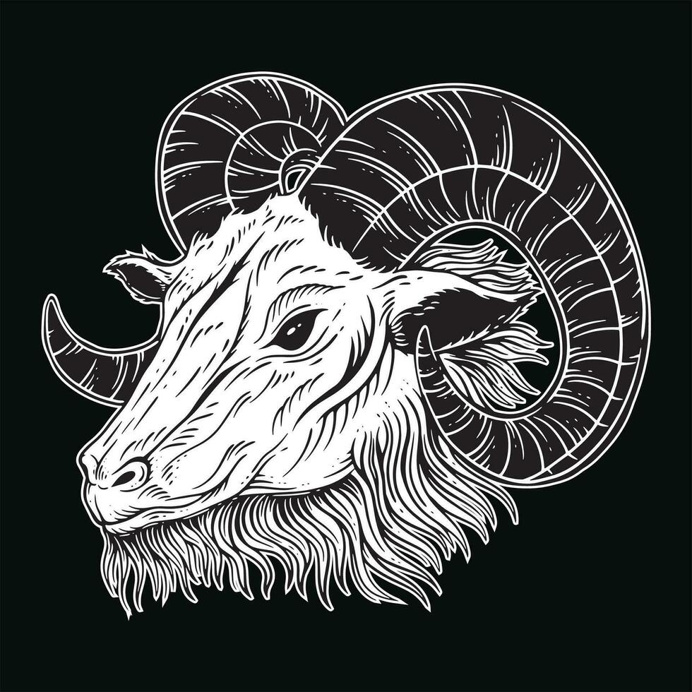 donker kunst geit hoofd hoorns schapen satanisch zwart wit voor tatoeëren en kleding illustratie vector