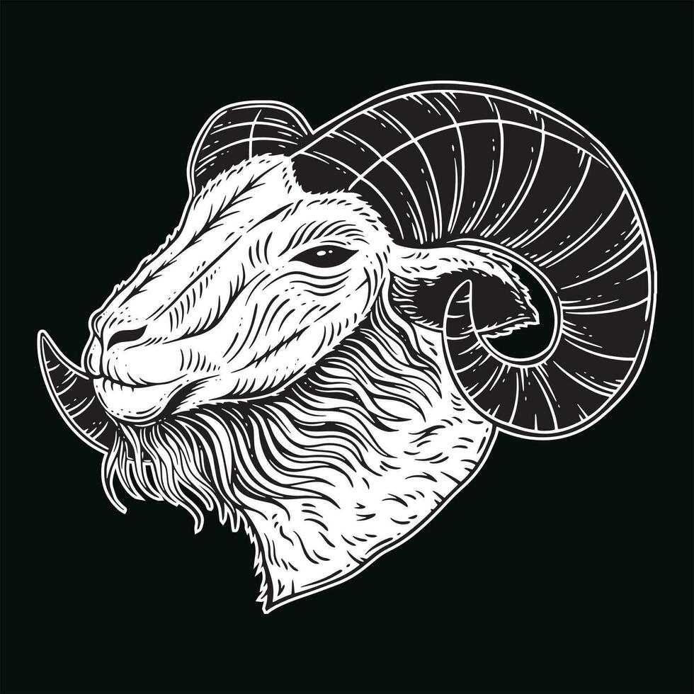 donker kunst geit hoofd hoorns schapen satanisch zwart wit voor tatoeëren en kleding illustratie vector