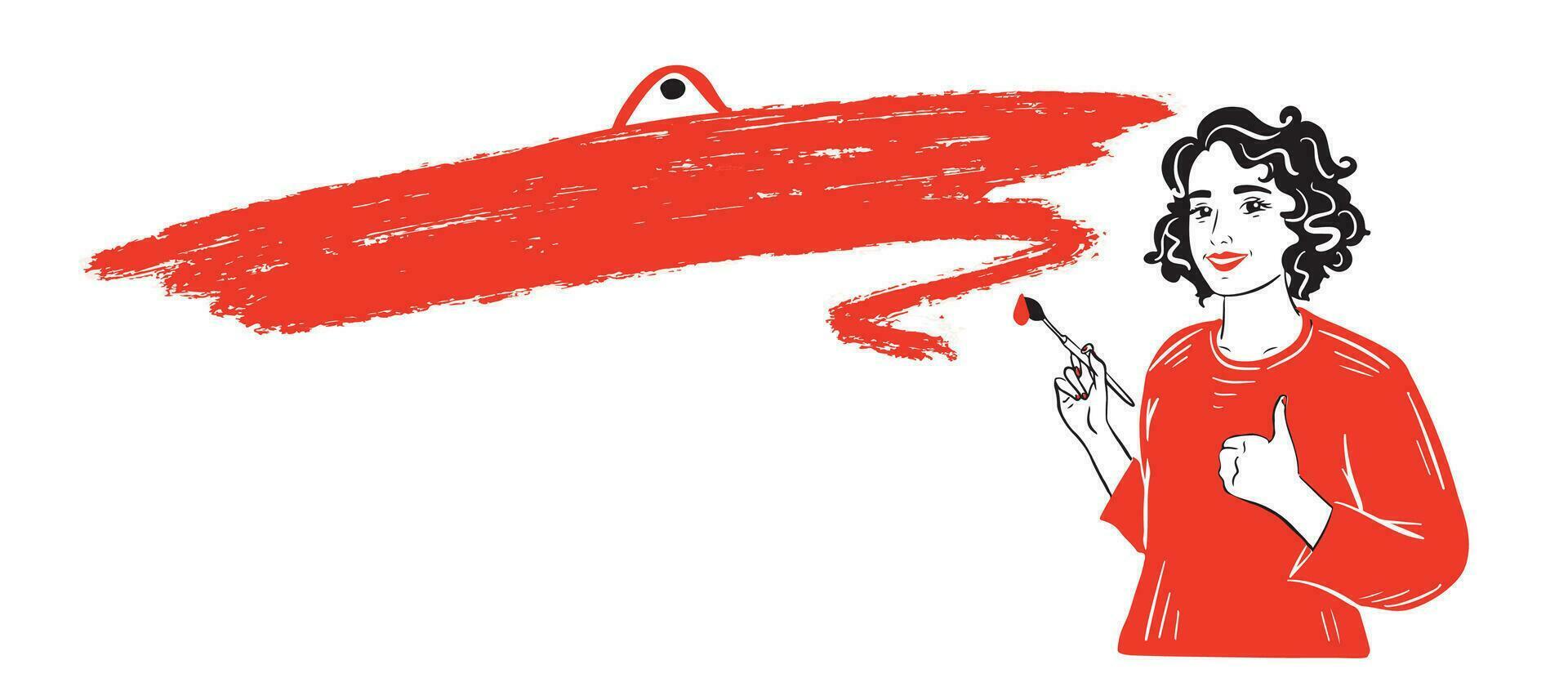 een meisje met een borstel geschilderd een smeren van rood verf en shows een duimen up.advertising,poster.vector illustratie. vector