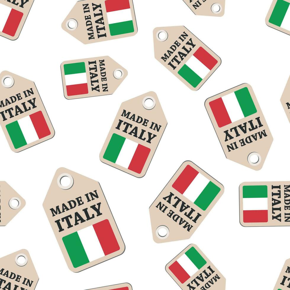 hangen label gemaakt in Italië sticker naadloos patroon achtergrond. bedrijf vlak vector illustratie. gemaakt in Italië teken symbool patroon.