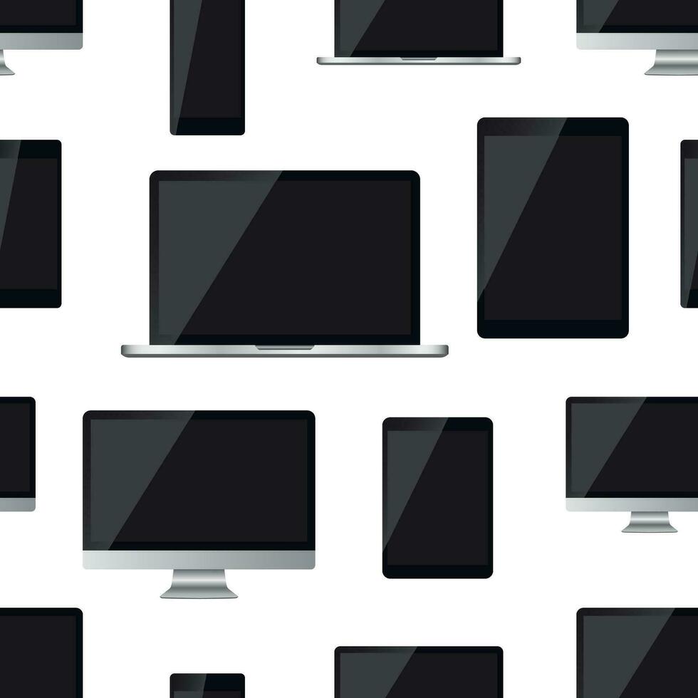 realistisch smartphone, tablet, laptop en bureaublad computer toezicht houden op apparaat naadloos patroon achtergrond. bedrijf vlak vector illustratie. apparaat teken symbool patroon.