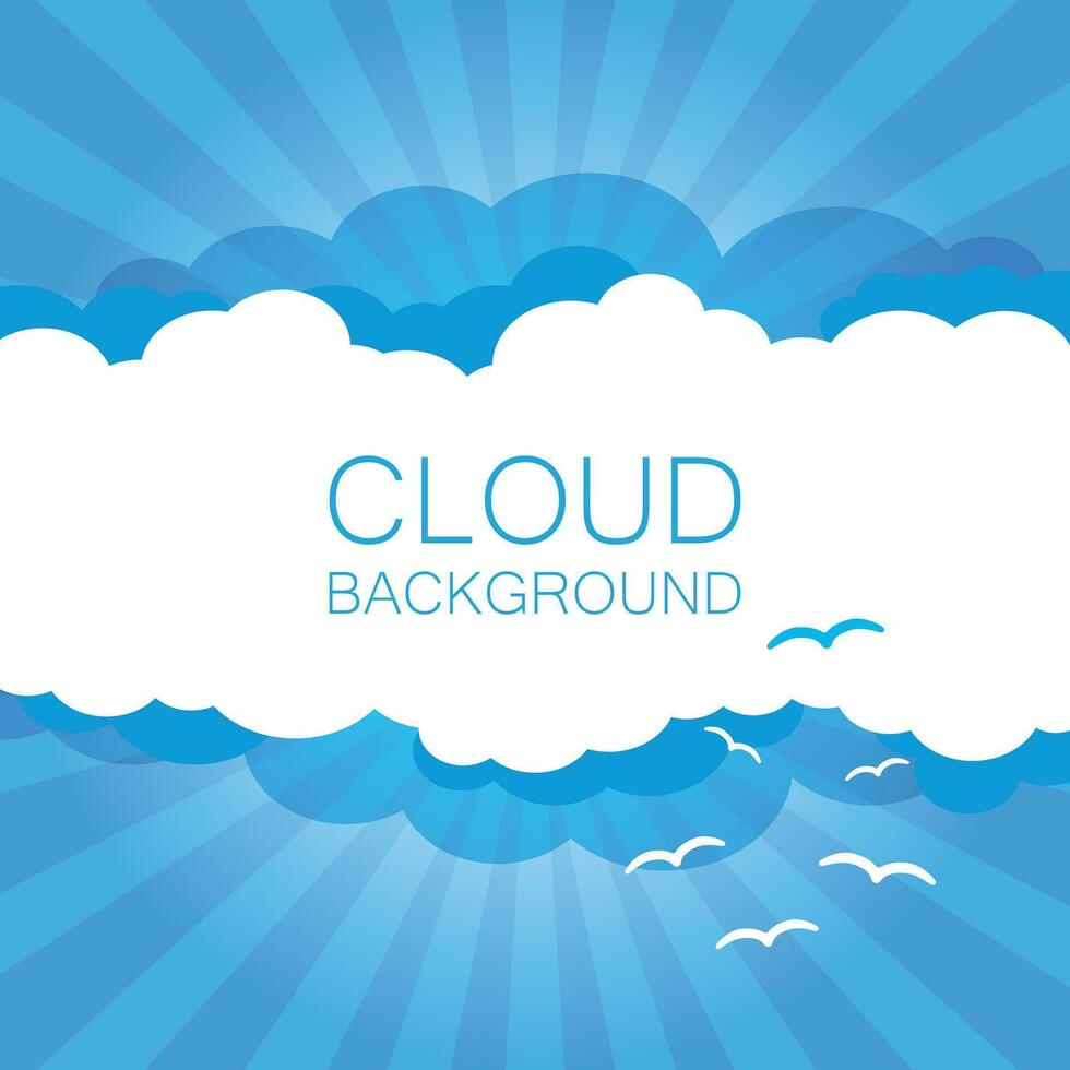 wolken in de lucht met zon stralen. vlak vector illustratie in tekenfilm stijl. blauw kleurrijk achtergrond.