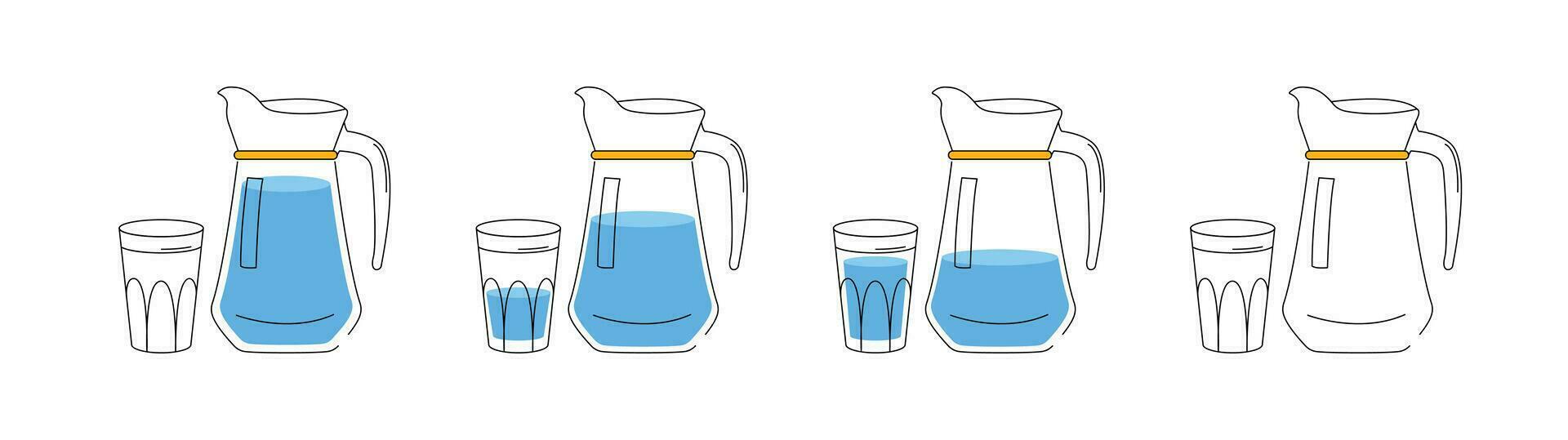 water balans concept. de werkwijze van drinken water. reeks van 4 afbeeldingen. een kruik en een glas van water. de concept van drinken genoeg water gedurende de dag. illustratie in een vlak stijl. vector