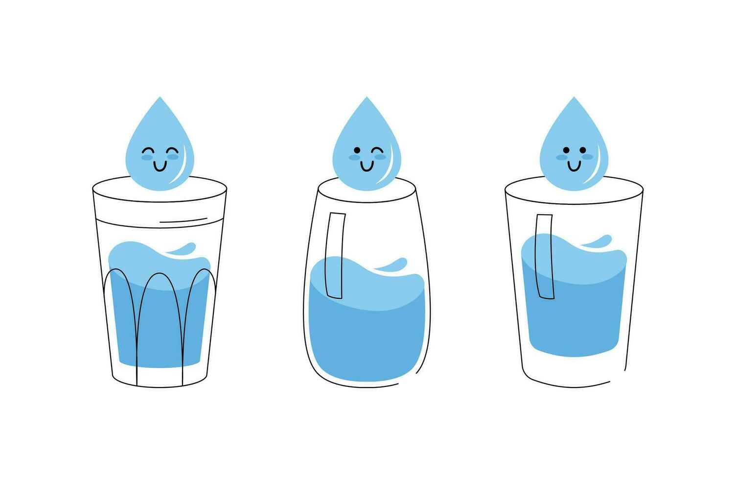 schattig glas van water en water druppel. glas van water met tekenfilm smiley gezicht. vector illustratie.