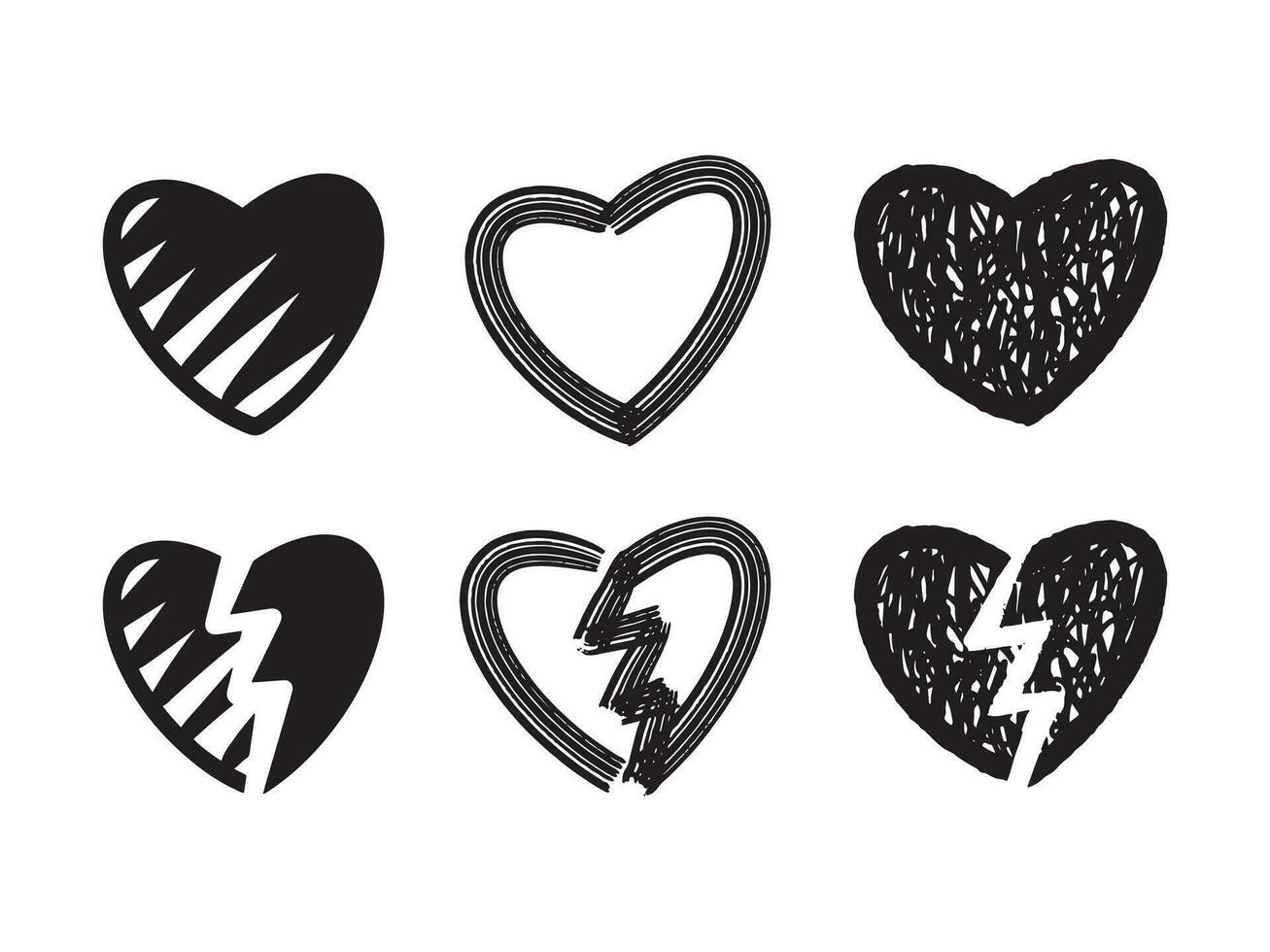 vector hart schetsen tekening illustratie reeks met gebroken hart vorm geven aan. reeks van hand- getrokken harten. zwart en wit monochroom collectie.web