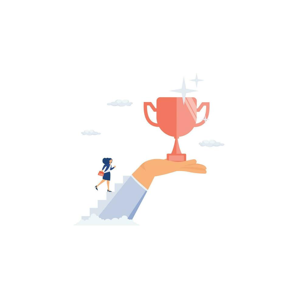 inspiratie voor succes. een zakenvrouw gaan omhoog de trap met een hand- Holding een trofee, vlak vector modern illustratie
