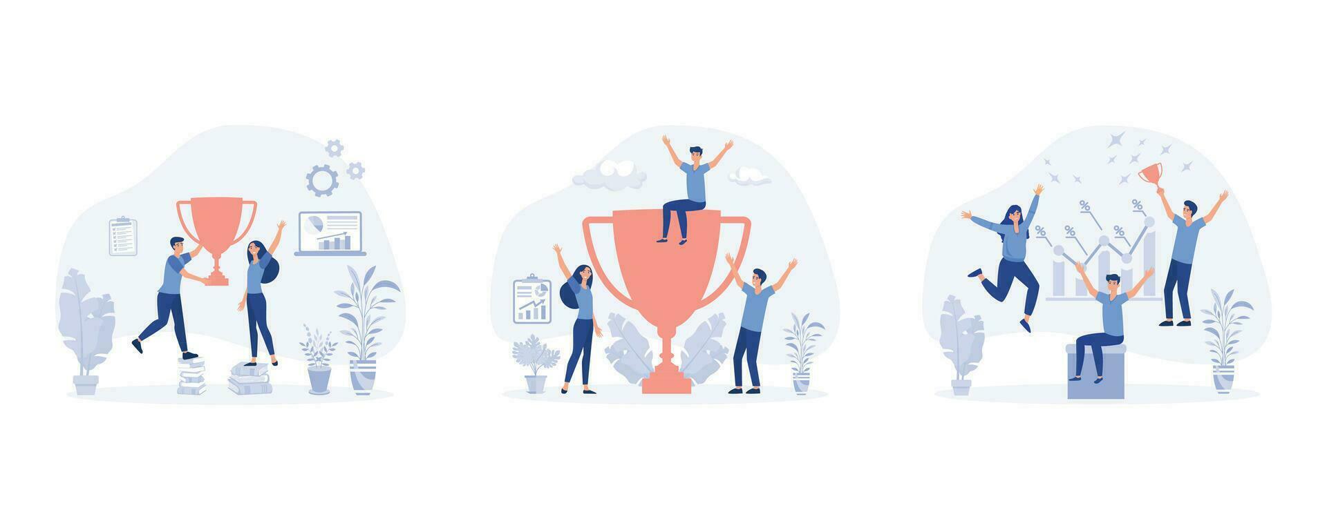 succes team concept, mensen vieren succes prestatie, springt in de lucht met trofee beker, reeks vlak vector modern illustratie