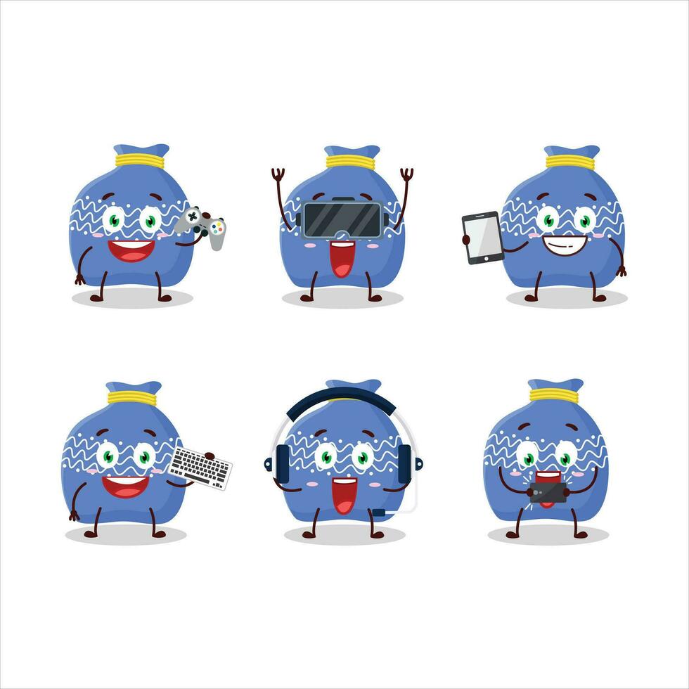 blauw de kerstman zak tekenfilm karakter zijn spelen spellen met divers schattig emoticons vector