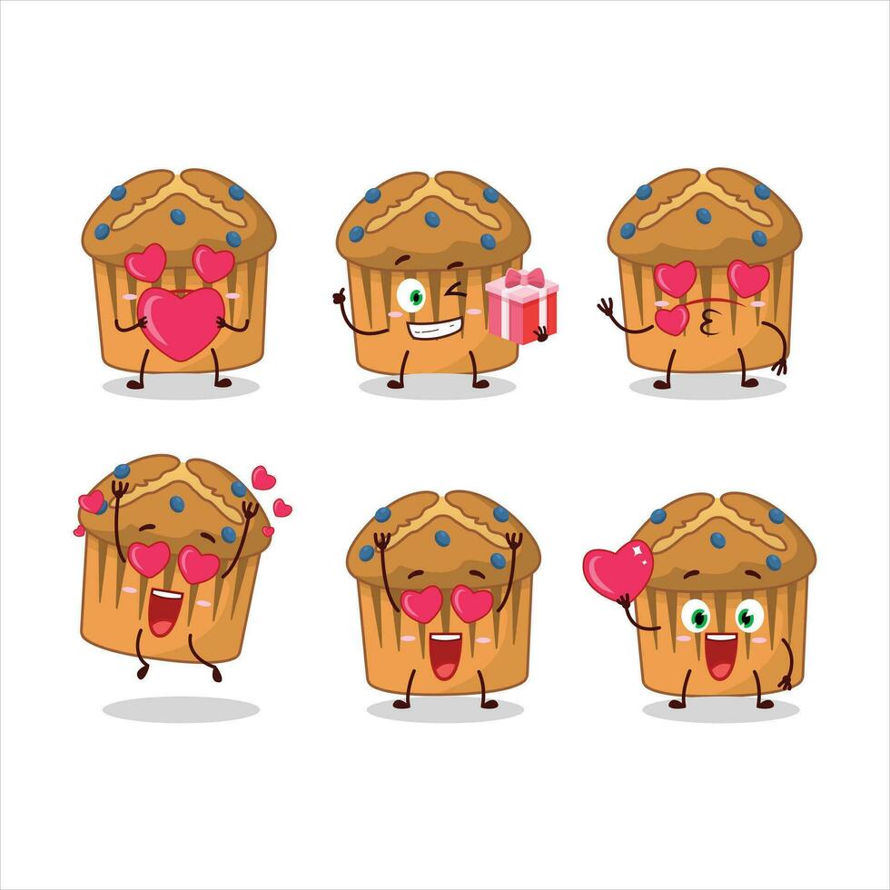 bosbes muffin tekenfilm karakter met liefde schattig emoticon vector