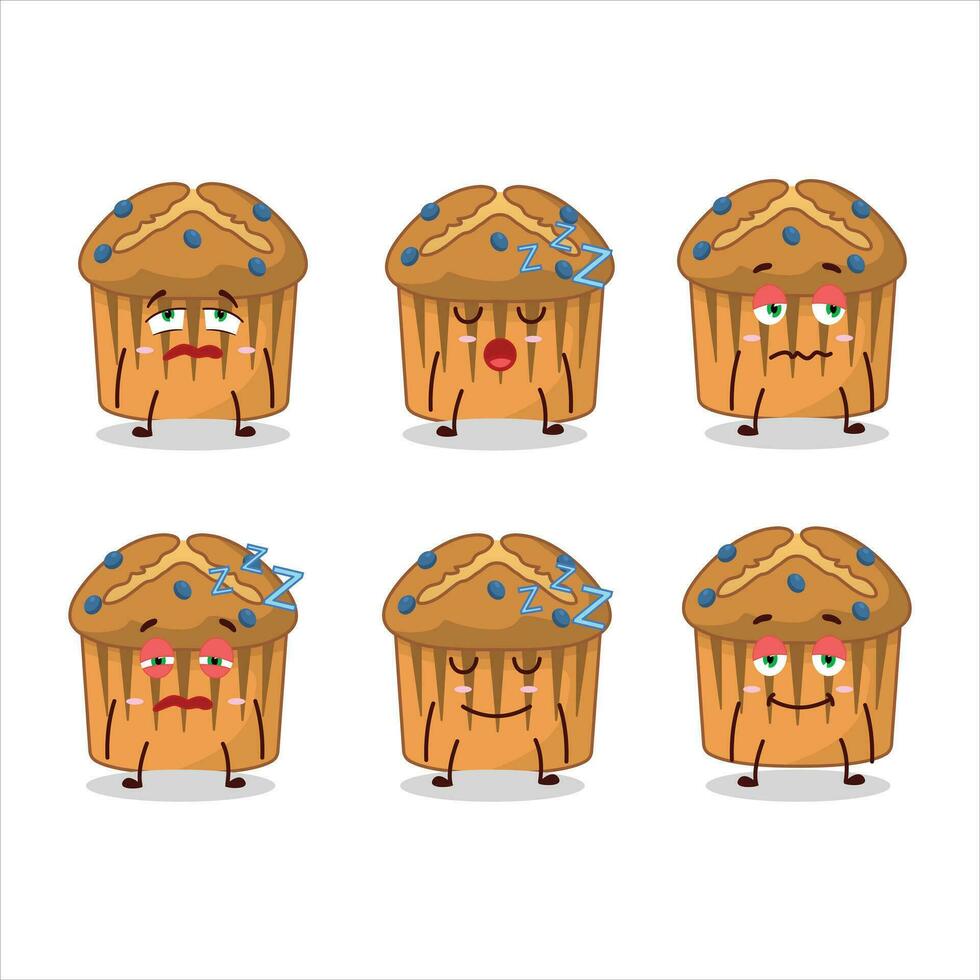 tekenfilm karakter van bosbes muffin met slaperig uitdrukking vector