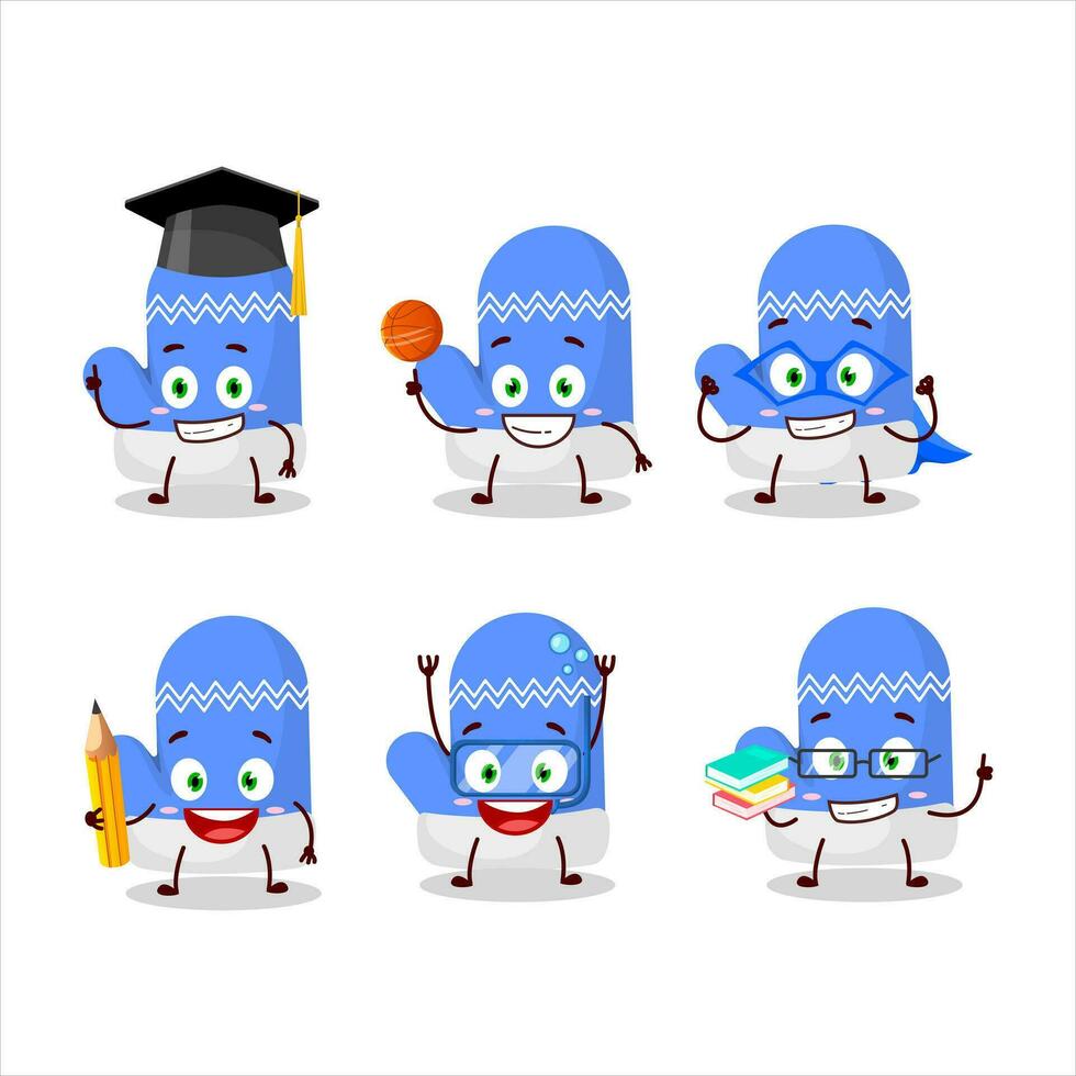 school- leerling van nieuw blauw handschoenen tekenfilm karakter met divers uitdrukkingen vector