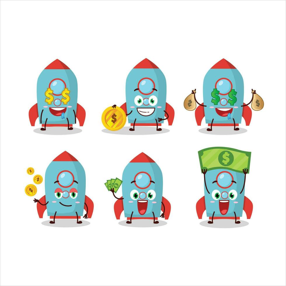 blauw raket voetzoeker tekenfilm karakter met schattig emoticon brengen geld vector