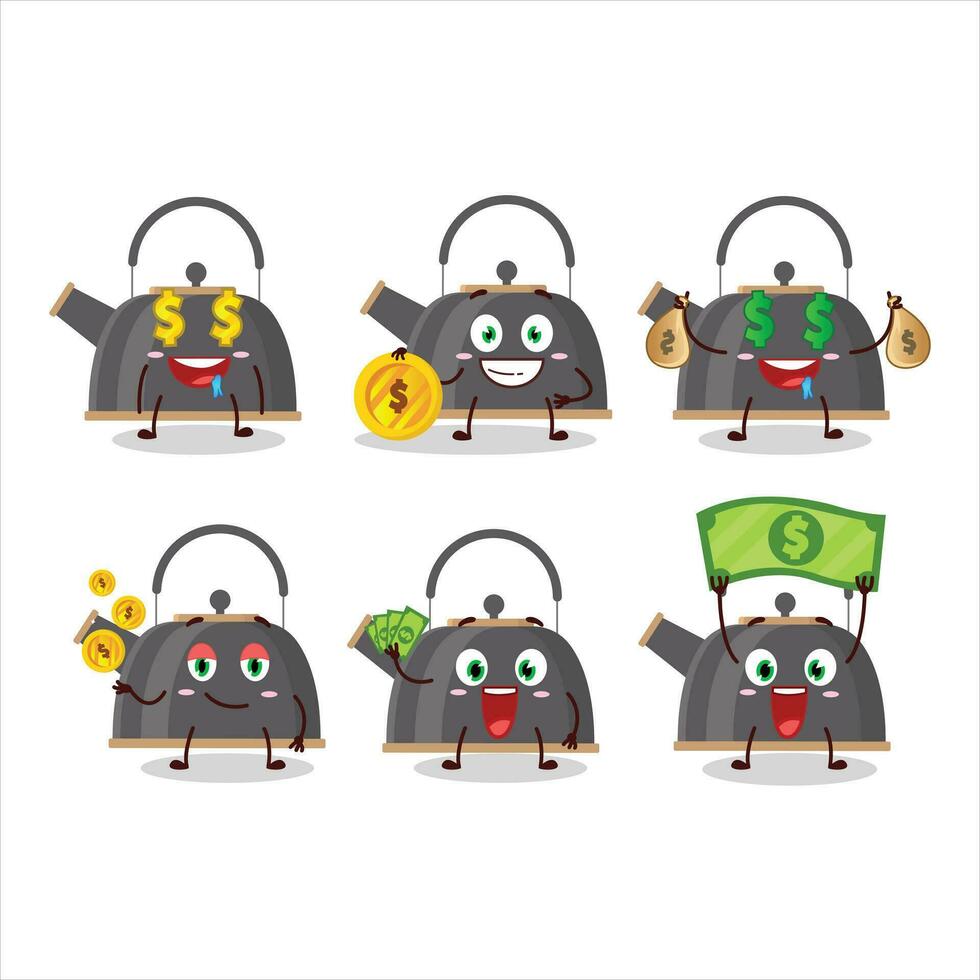 zwart theepot tekenfilm karakter met schattig emoticon brengen geld vector