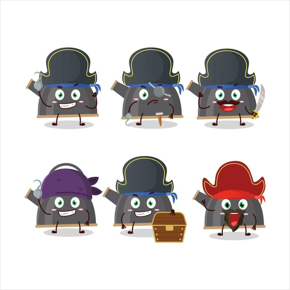 tekenfilm karakter van zwart theepot met divers piraten emoticons vector