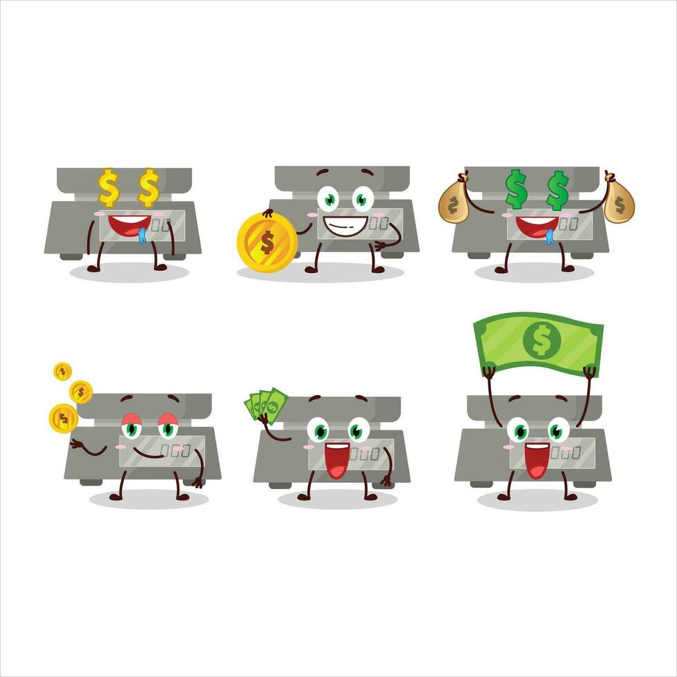 digitaal gewicht tekenfilm karakter met schattig emoticon brengen geld vector