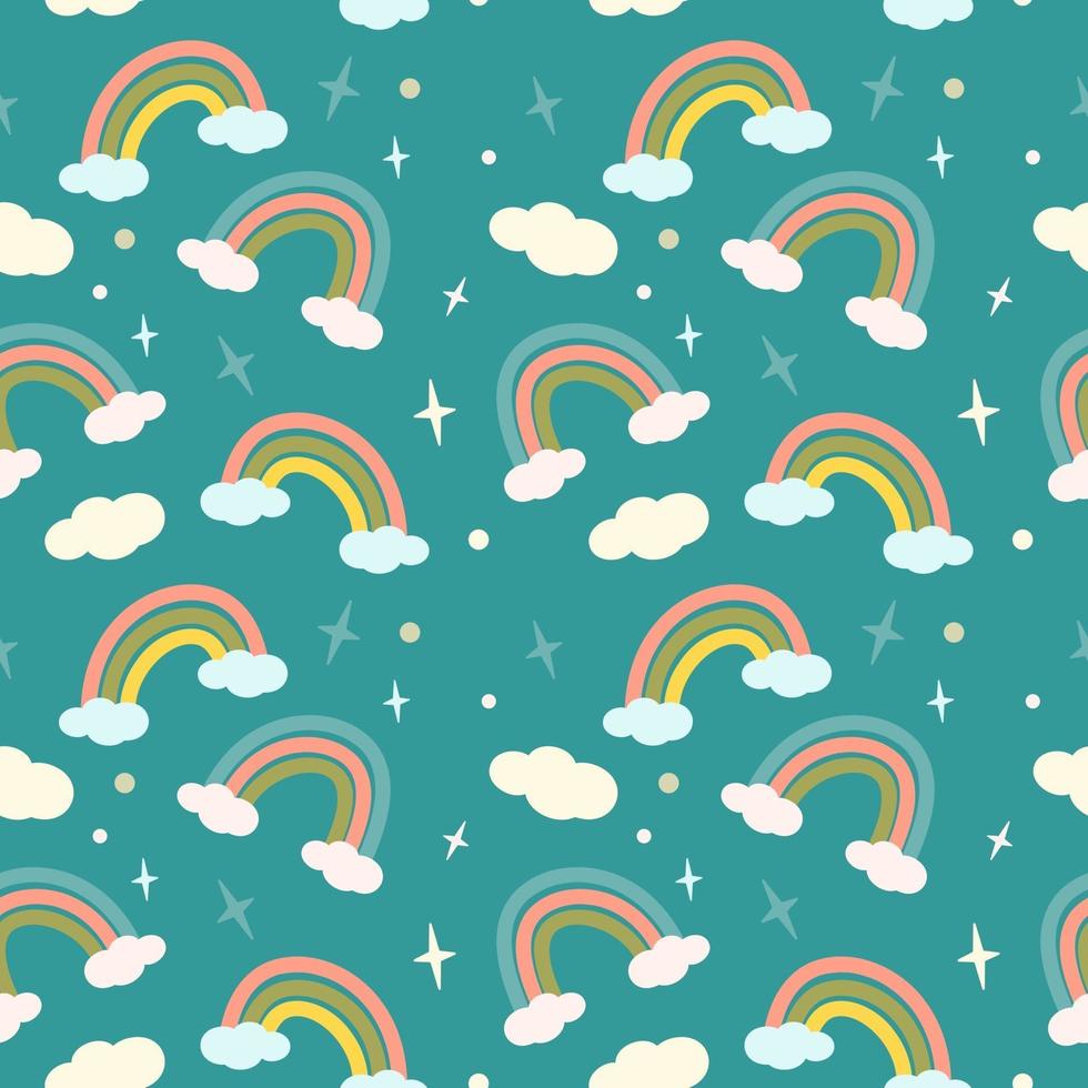 schattig naadloos patroon met regenbogen. fantastische delicate print op een blauwe achtergrond. geschikt voor prinsessenfeest, babyproducten, inpakpapier, textiel, design vector