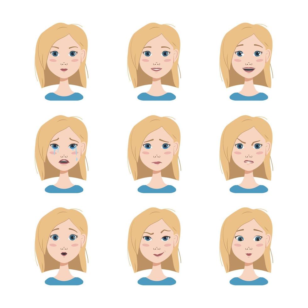 verschillende emoties van een blondine. blije, verdrietige, verbaasde, blije, verdrietige, boze gezichtsuitdrukkingen. mode-avatar in platte vectorkunst vector