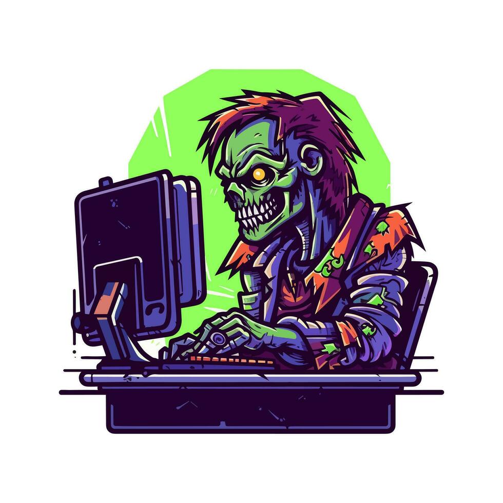 ondood gamer verloren in virtueel realiteit. uniek logo ontwerp met een zombie en een pc toezicht houden op vector