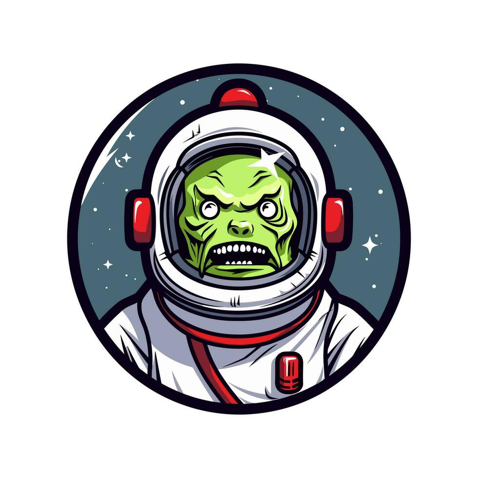 zombie astronaut hand- getrokken logo ontwerp illustratie met een kosmisch twist. perfect voor sci fi enthousiastelingen en ruimte themed merken vector