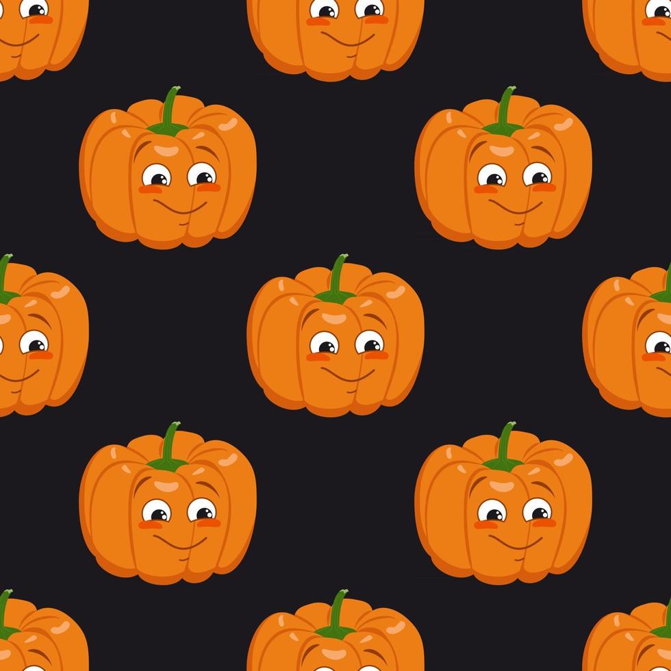 schattig donker naadloos patroon met pompoenen, gezicht en glimlach. Halloween-feestdecoratie. groenteprint met een grijns. feestelijke achtergrond voor papier, textiel, vakantie en design. vector
