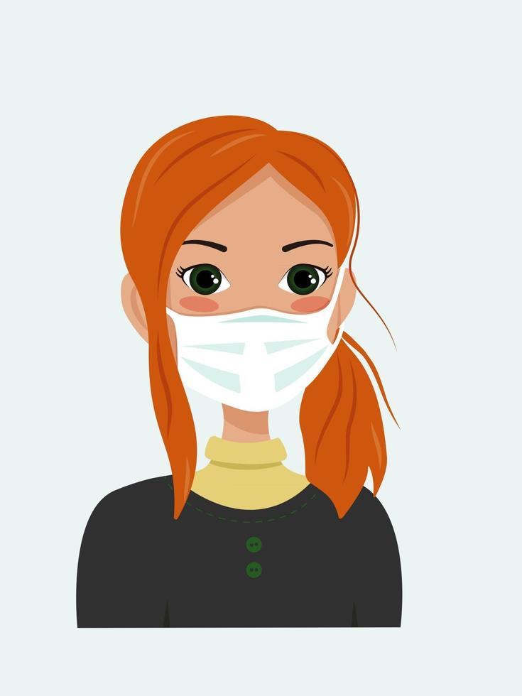 een meisje met rood haar met medisch masker. zorgen voor gezondheid tijdens een pandemie en isolatie. veiligheid tijdens covid-19 vector