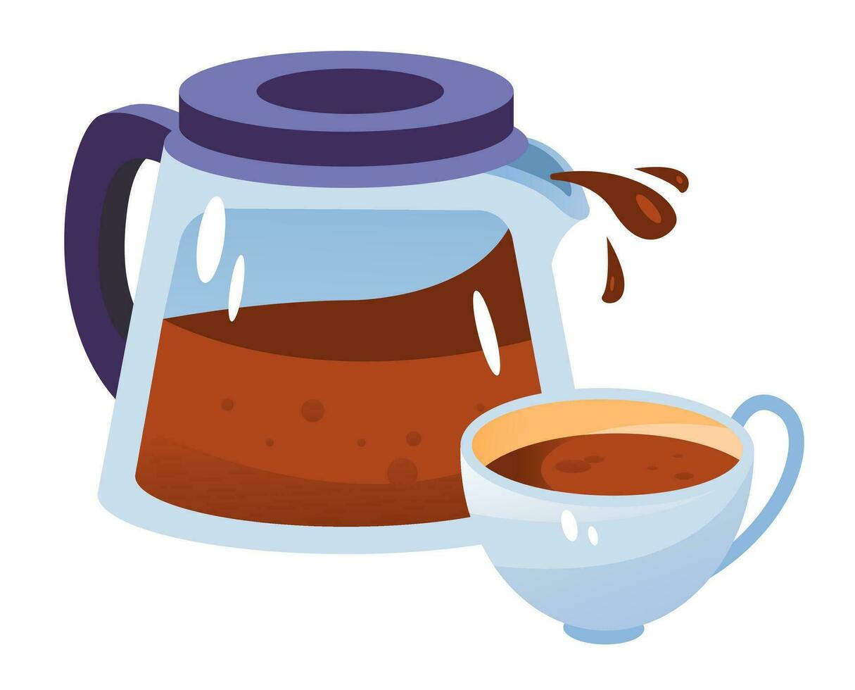 een waterkoker en een kop van thee of koffie. heet drankje. tekenfilm vector illustratie.