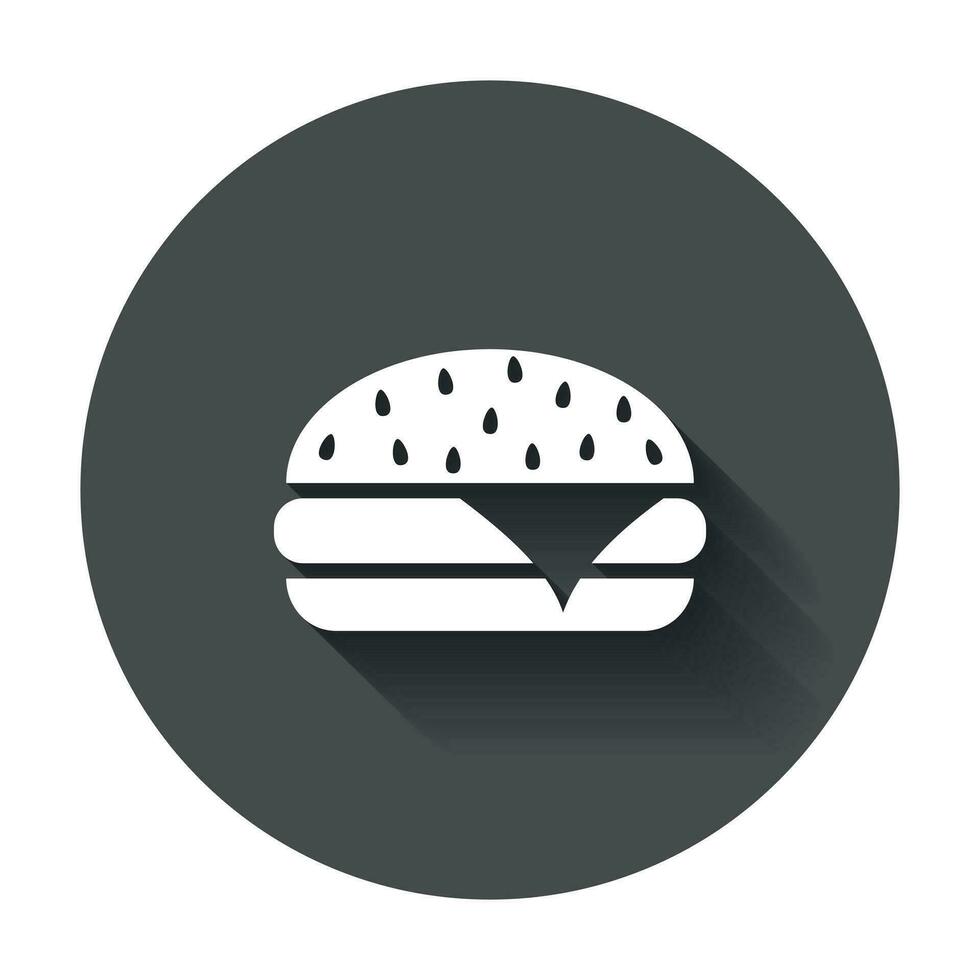 hamburger snel voedsel vlak vector icoon. Hamburger symbool logo illustratie Aan zwart ronde achtergrond met lang schaduw.