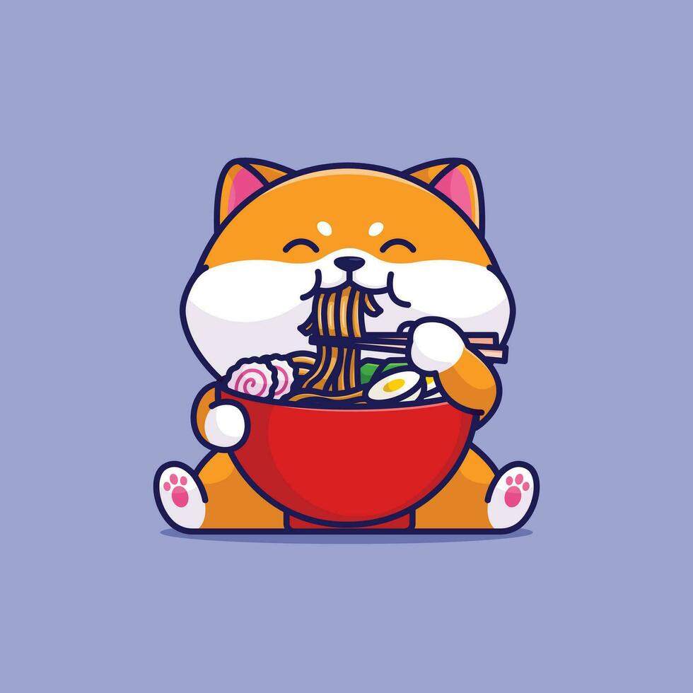schattig shiba inu aan het eten ramen noodle gemakkelijk tekenfilm vector illustratie dier voedsel icoon