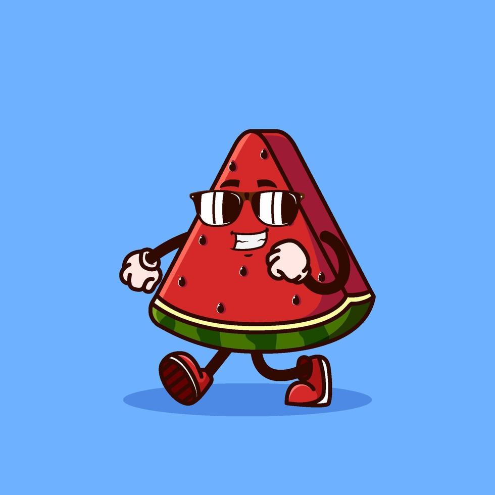 schattig watermeloen fruit karakter wandelen met lenzenvloeistof. fruit karakter pictogram concept geïsoleerd. platte cartoonstijl vector