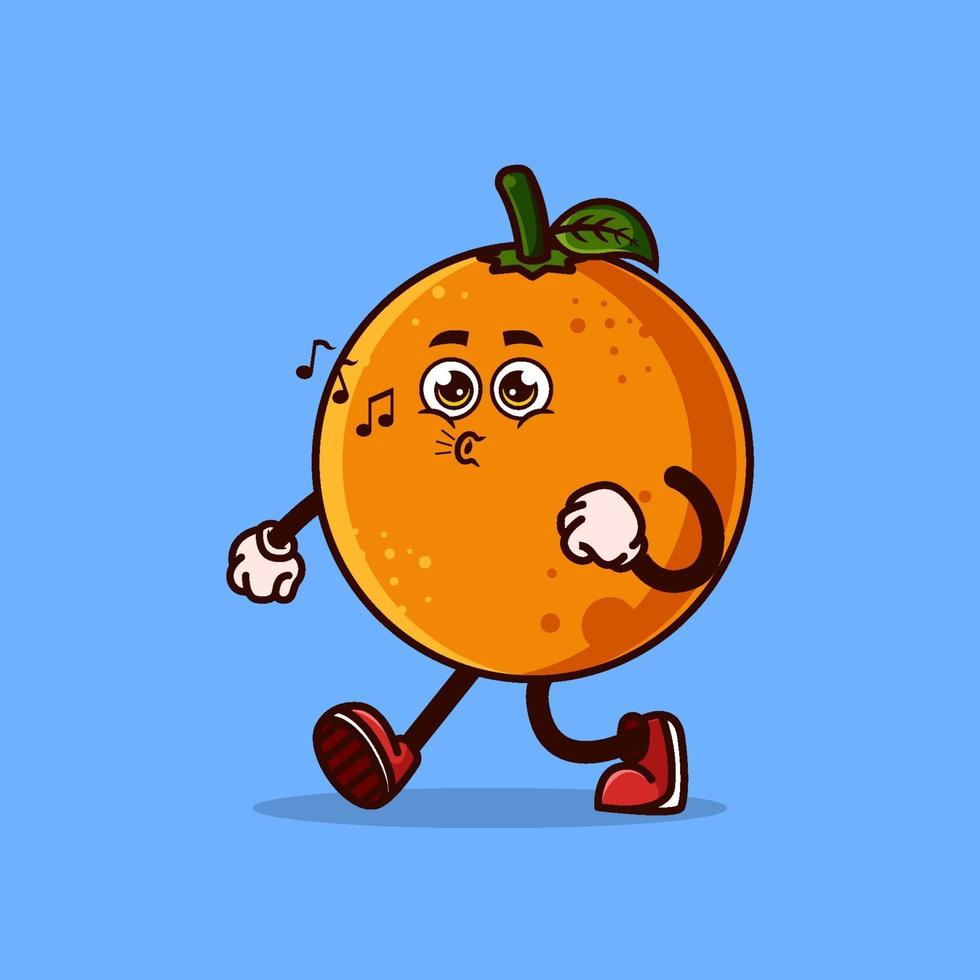 schattig oranje fruitkarakter dat met een blij gezicht loopt. fruit karakter pictogram concept geïsoleerd. platte cartoonstijl vector